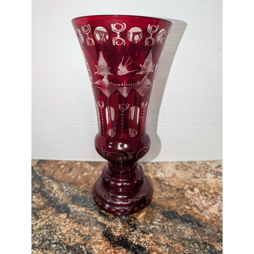 Vintage 1920s EGERMANN RUBY RED Bohemian Czech Art Glass - 10” TALL VASE
